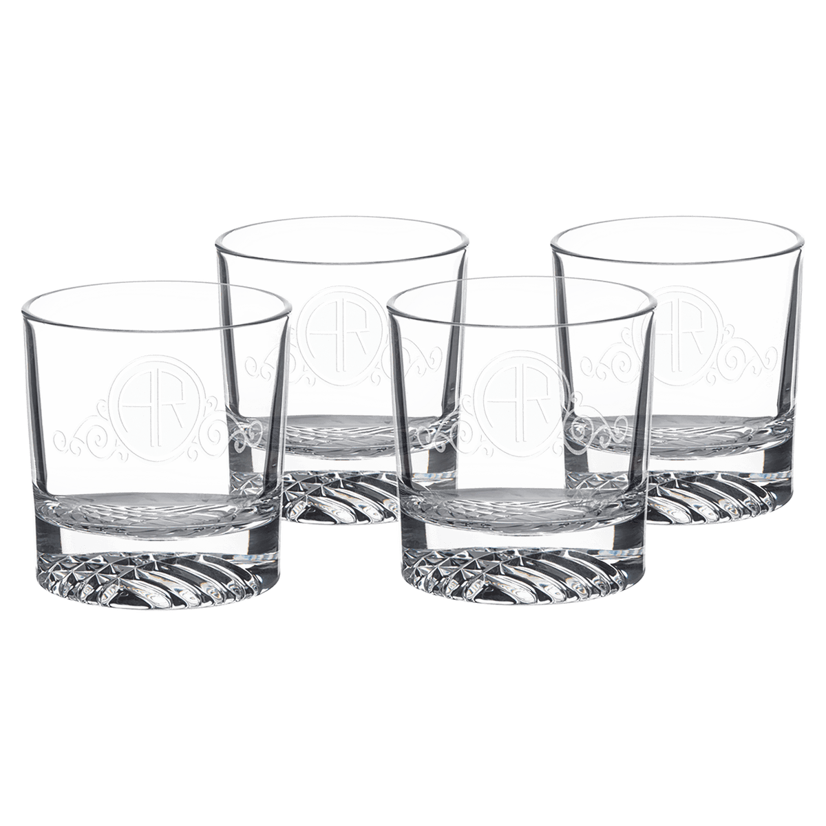 Personalized Polar Camel 9 oz Rocks Glass Set of 4 - Clear: four rocks glasses with a sample engraving